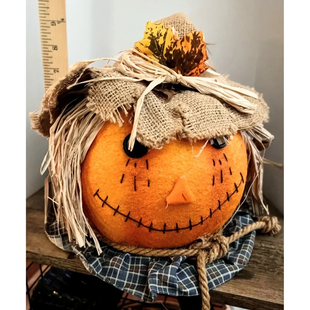 Rustic Burlap Scarecrow Pumpkin Head Fall Decor Halloween Thanksgiving 9 Inch